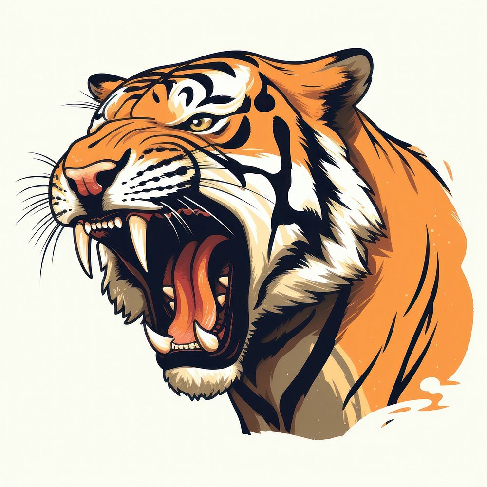Tiger roaring wildlife drawing cartoon.