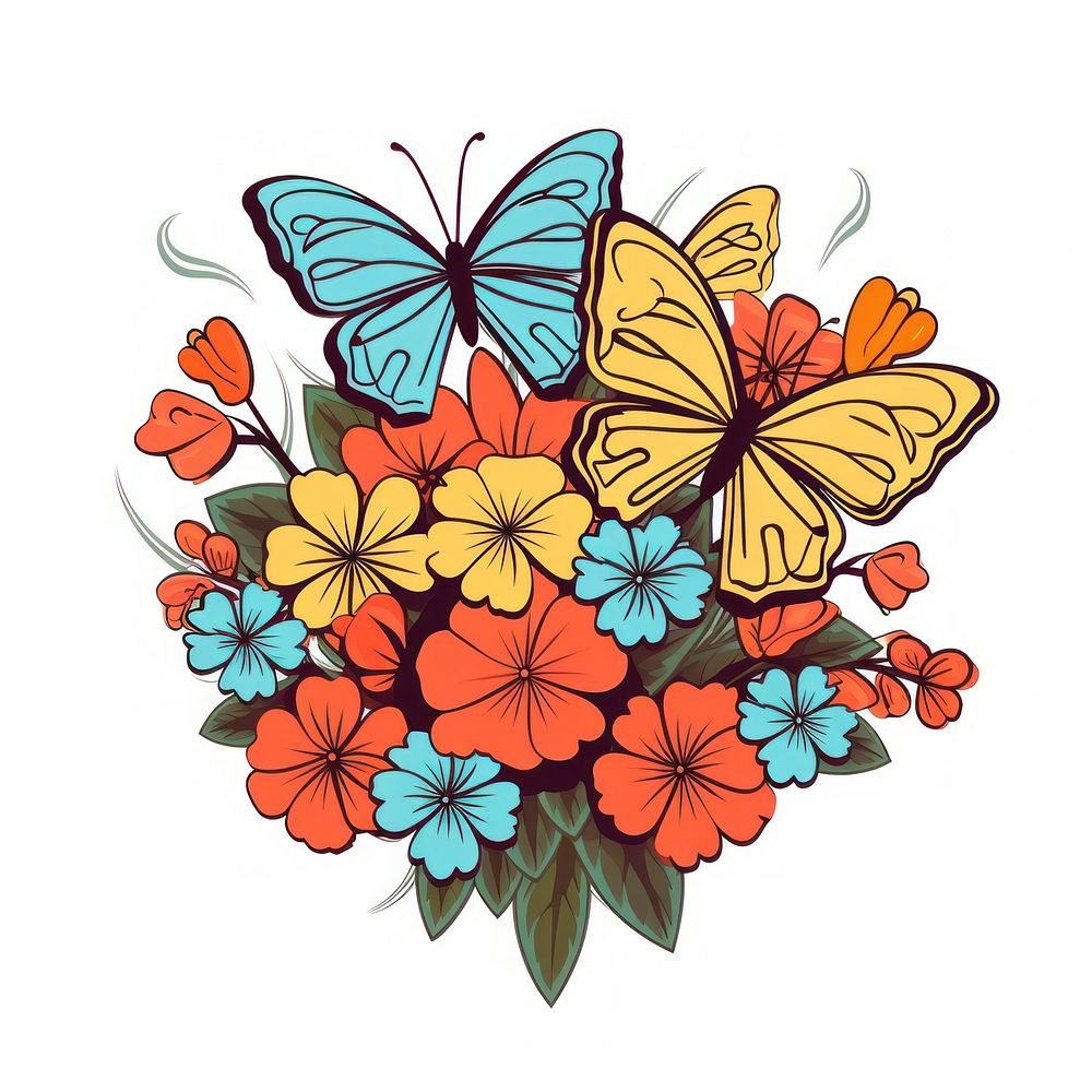 Butterfly on flower bouquet cartoon pattern drawing.