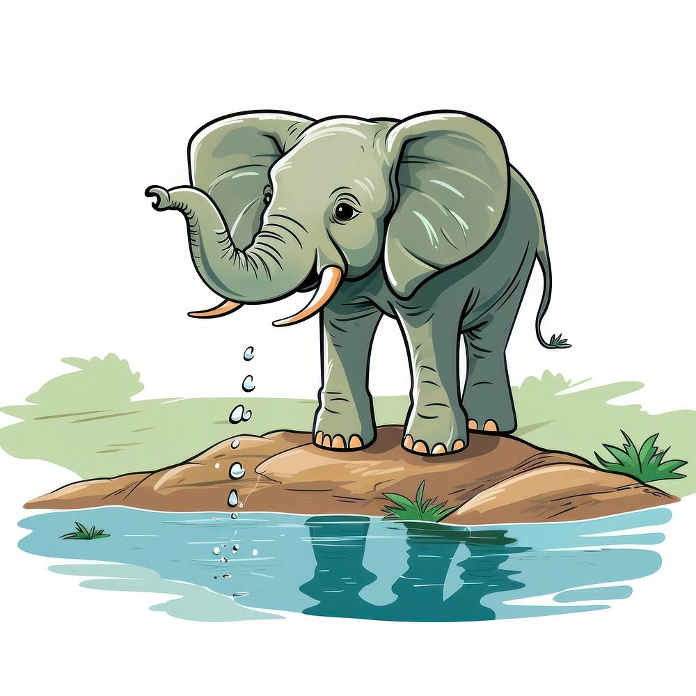 Elephant playing water wildlife cartoon drawing.