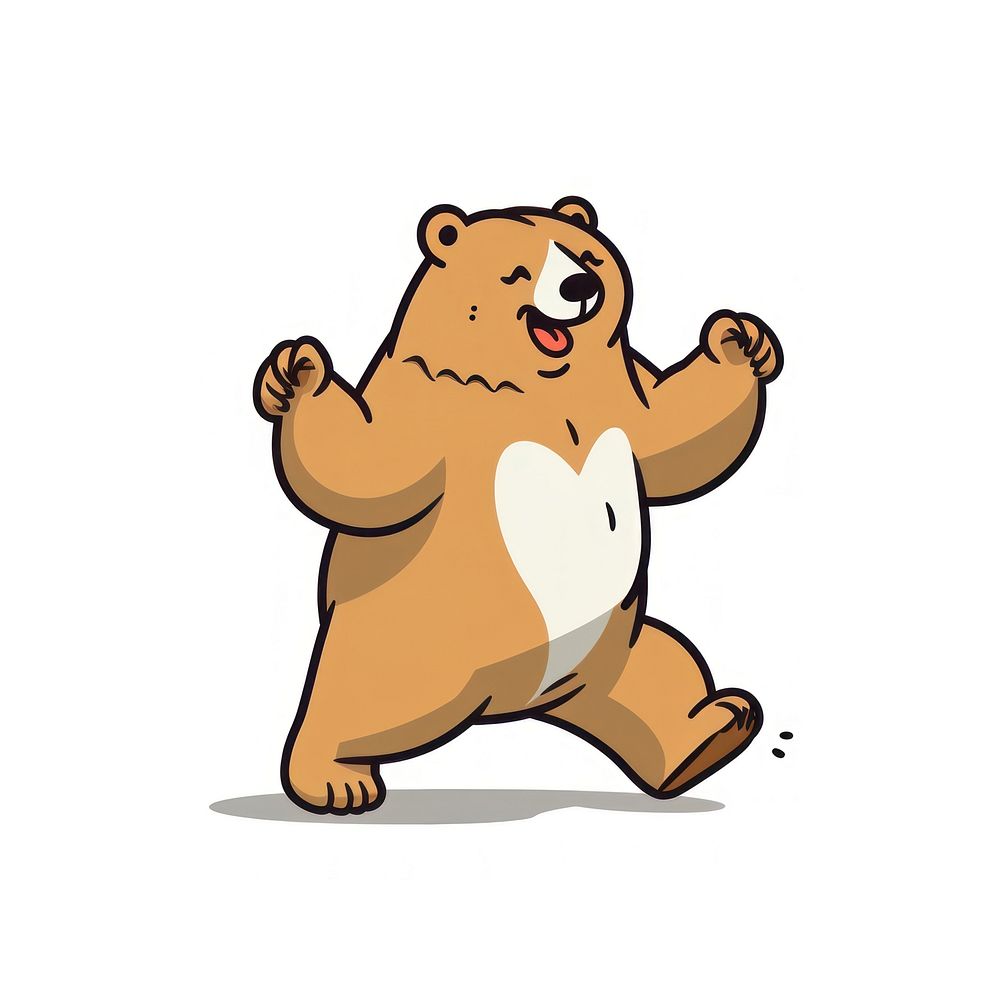 Happy bear dancing cartoon mammal white background.