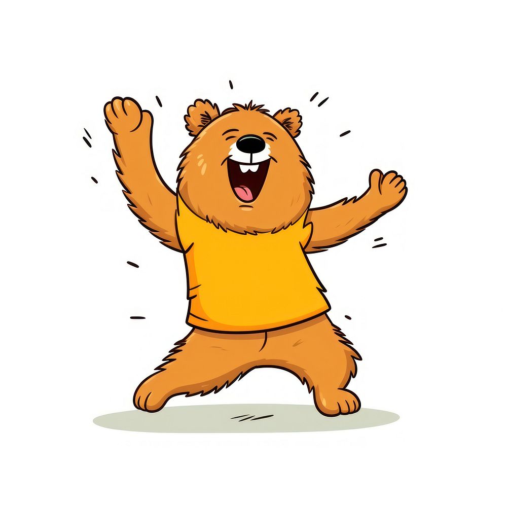 Happy bear dancing cartoon mammal white background.