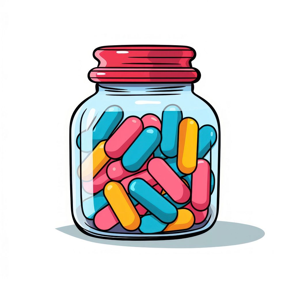 Jar of candy cartoon pill white background.