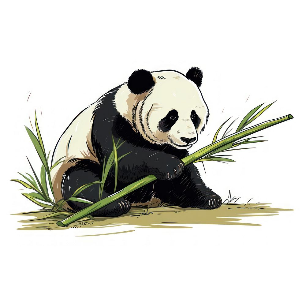 Panda eating bamboo wildlife drawing cartoon.