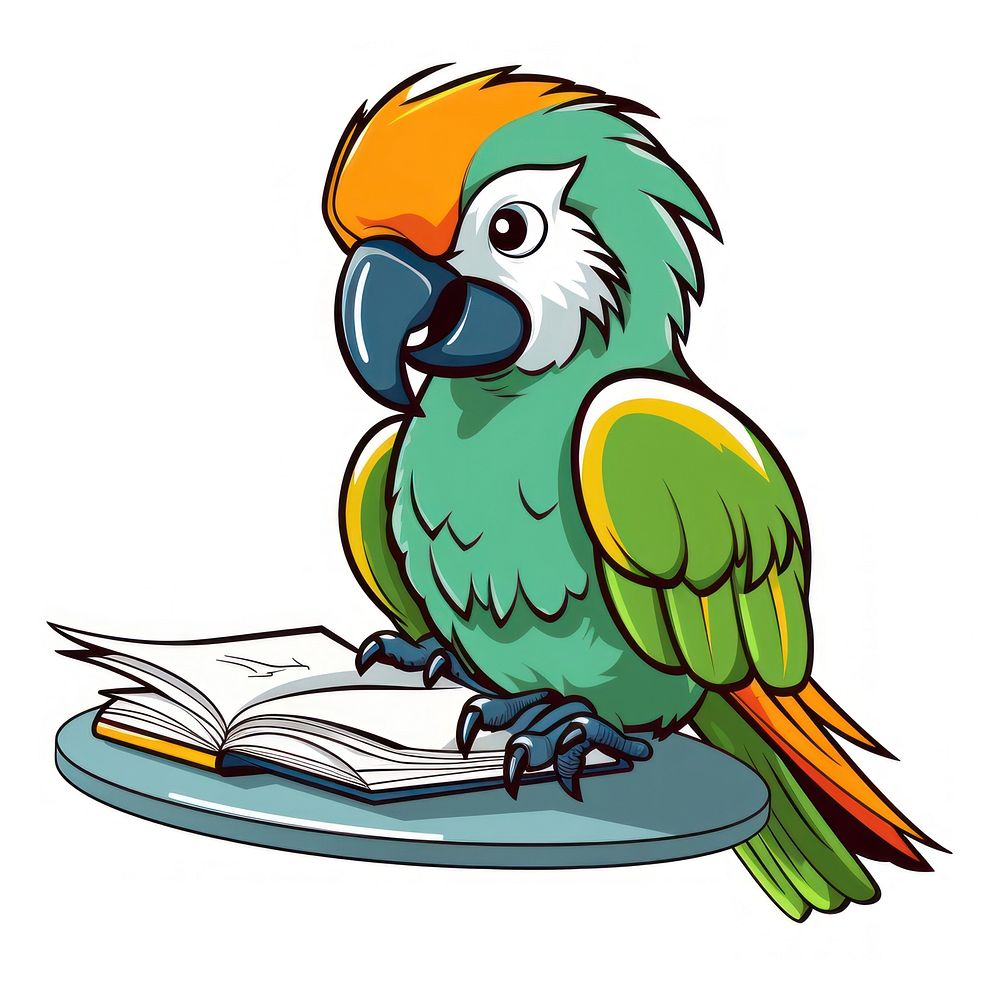 Parrot reading book cartoon drawing animal.