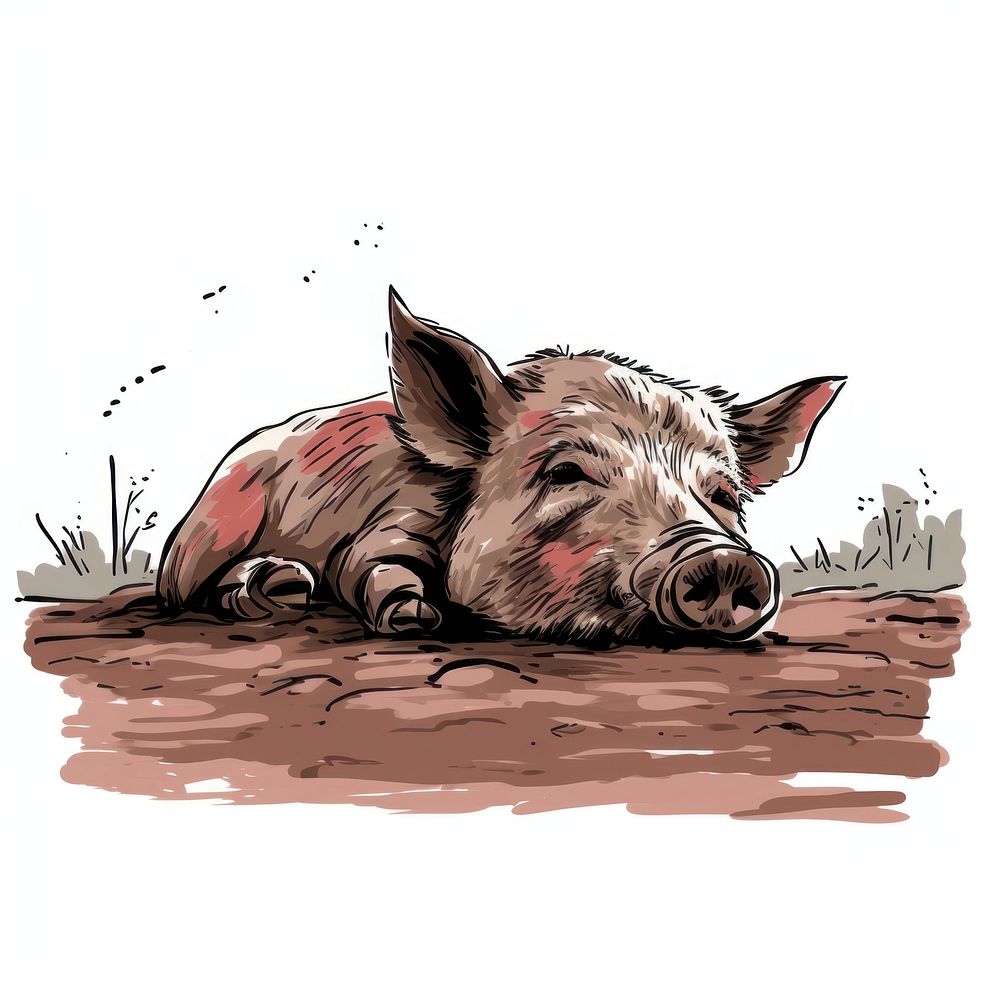 Pig sleeping in mud drawing cartoon mammal.