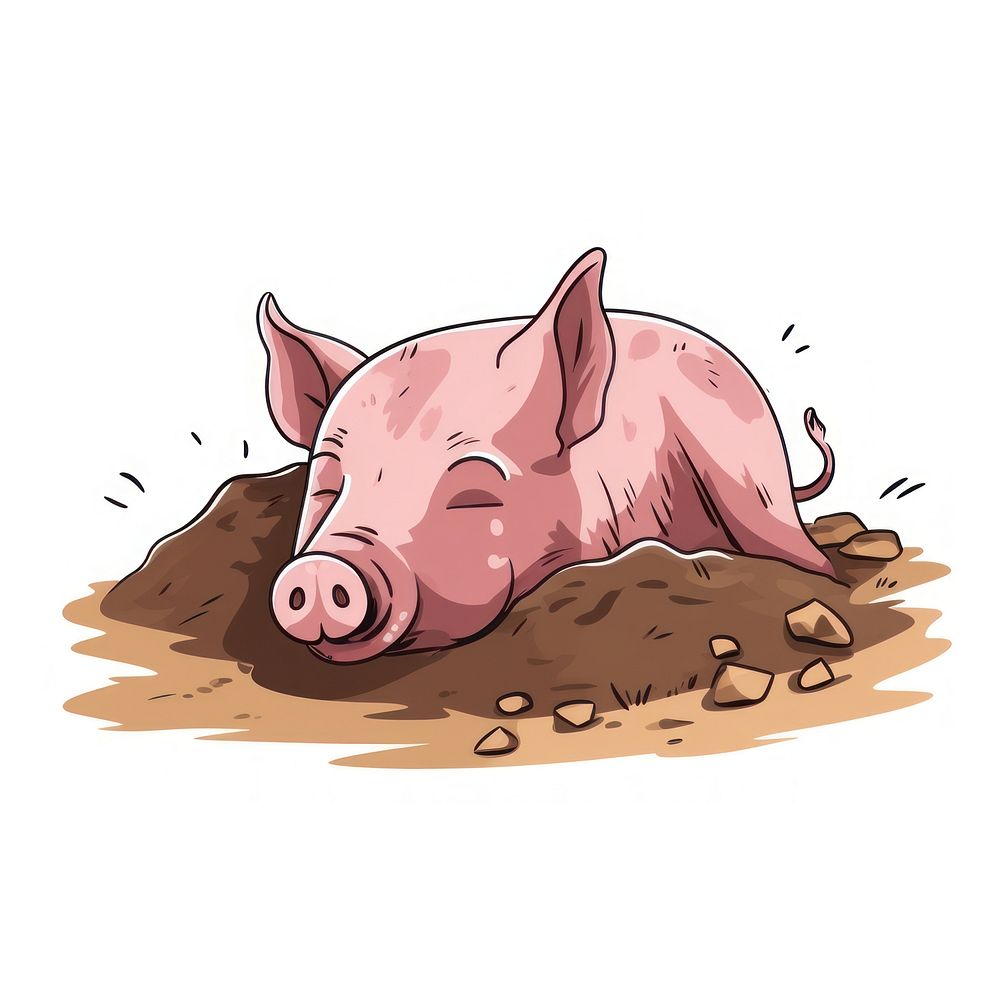 Pig sleeping in mud drawing cartoon animal.