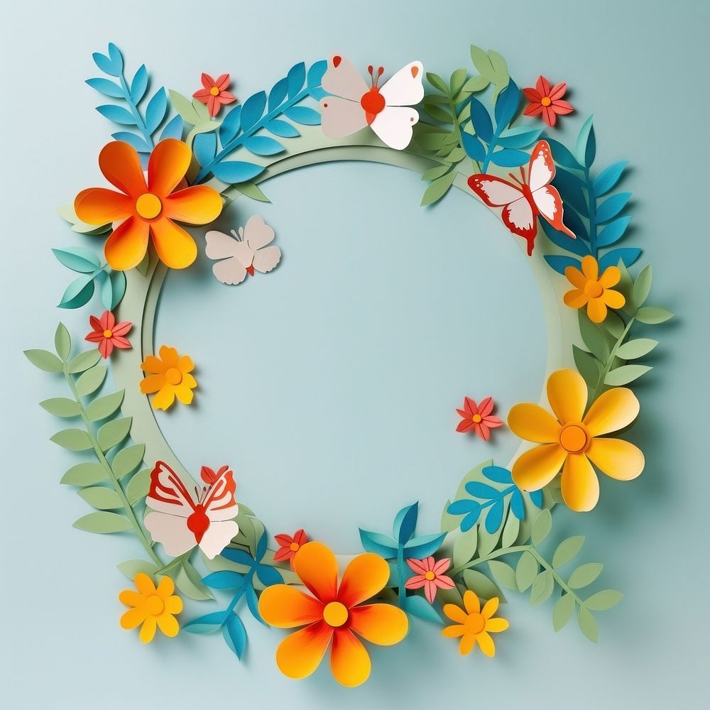 Butterfly and flower circle border art pattern wreath.