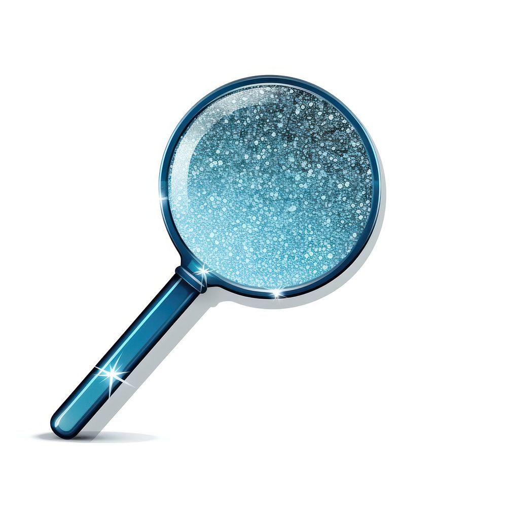 Blue magnifying glass icon shape white background reflection.