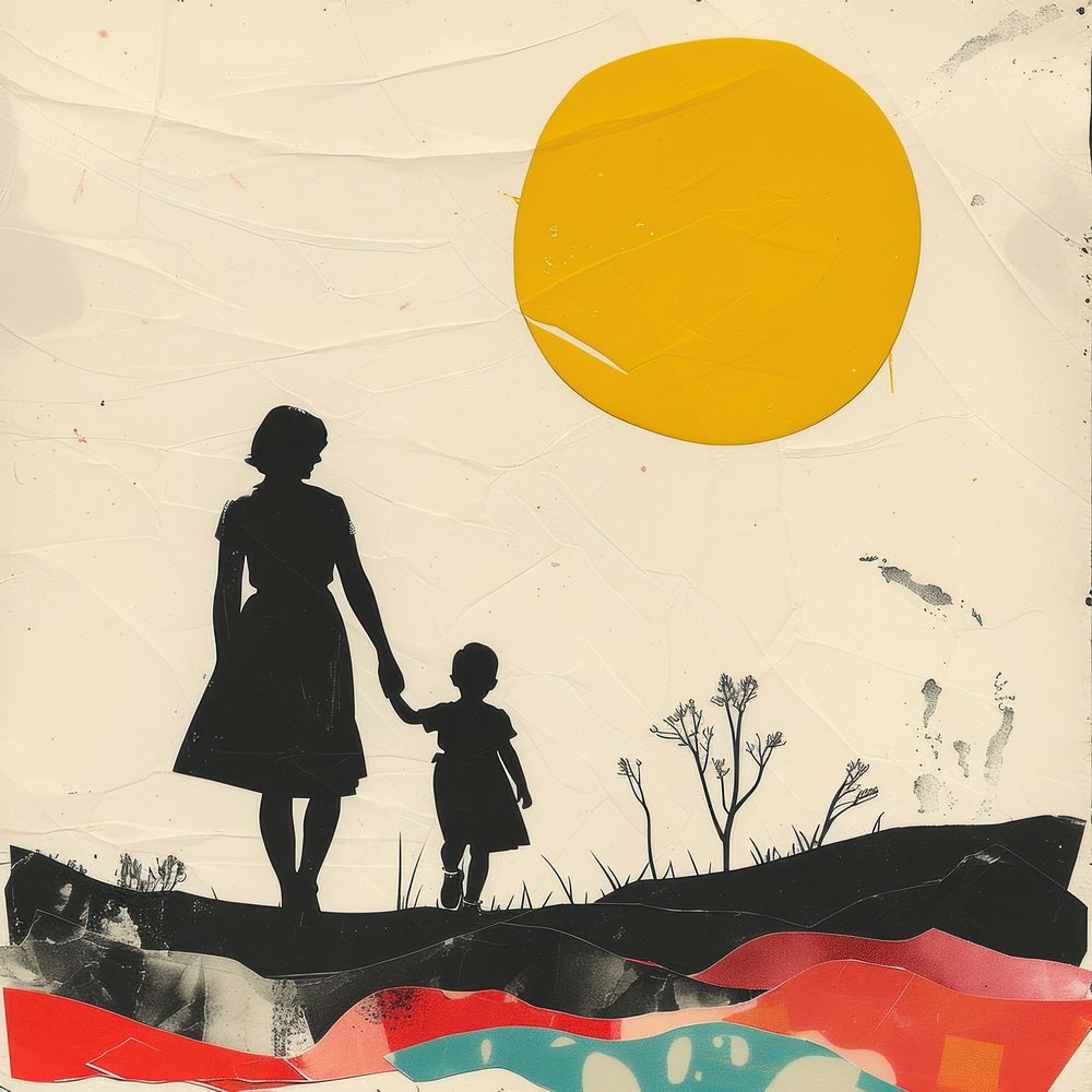 Mother and child silhouette painting poster.