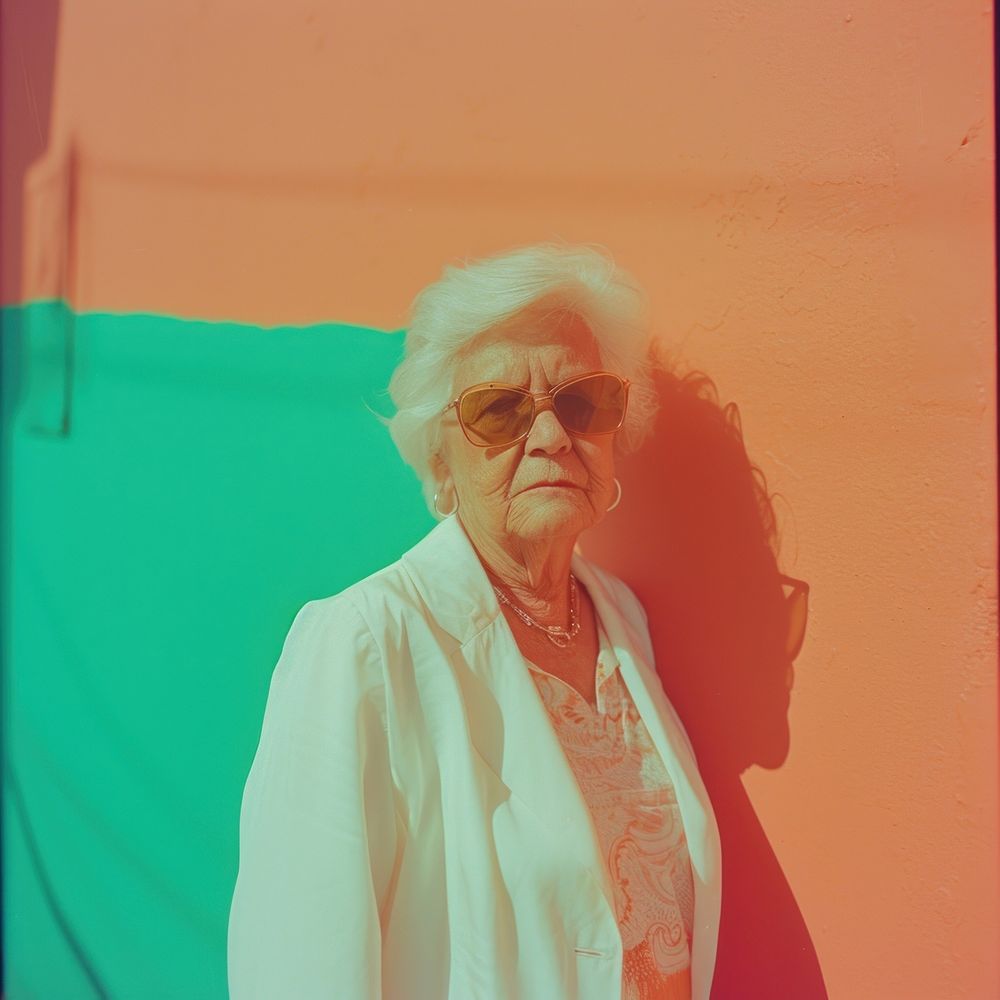 Old woman wearing white streetwear clothes portrait glasses adult.