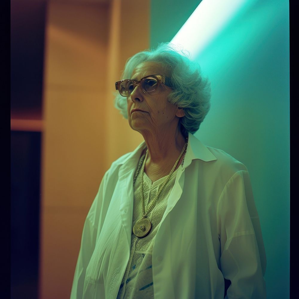 Old woman wearing white streetwear clothes necklace portrait glasses.