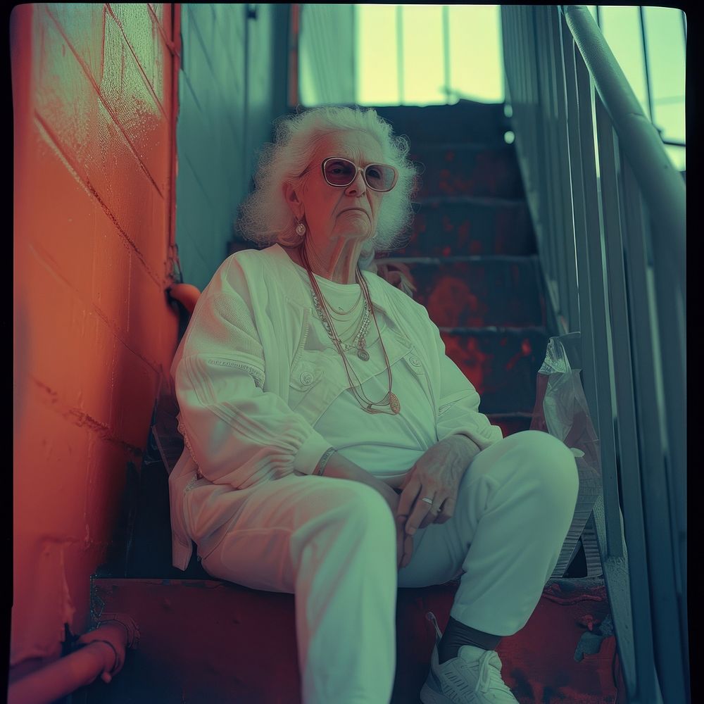 Old woman wearing white streetwear clothes architecture portrait glasses.