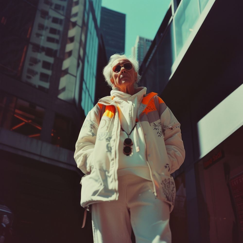 Old woman wearing white streetwear clothes portrait glasses photo.