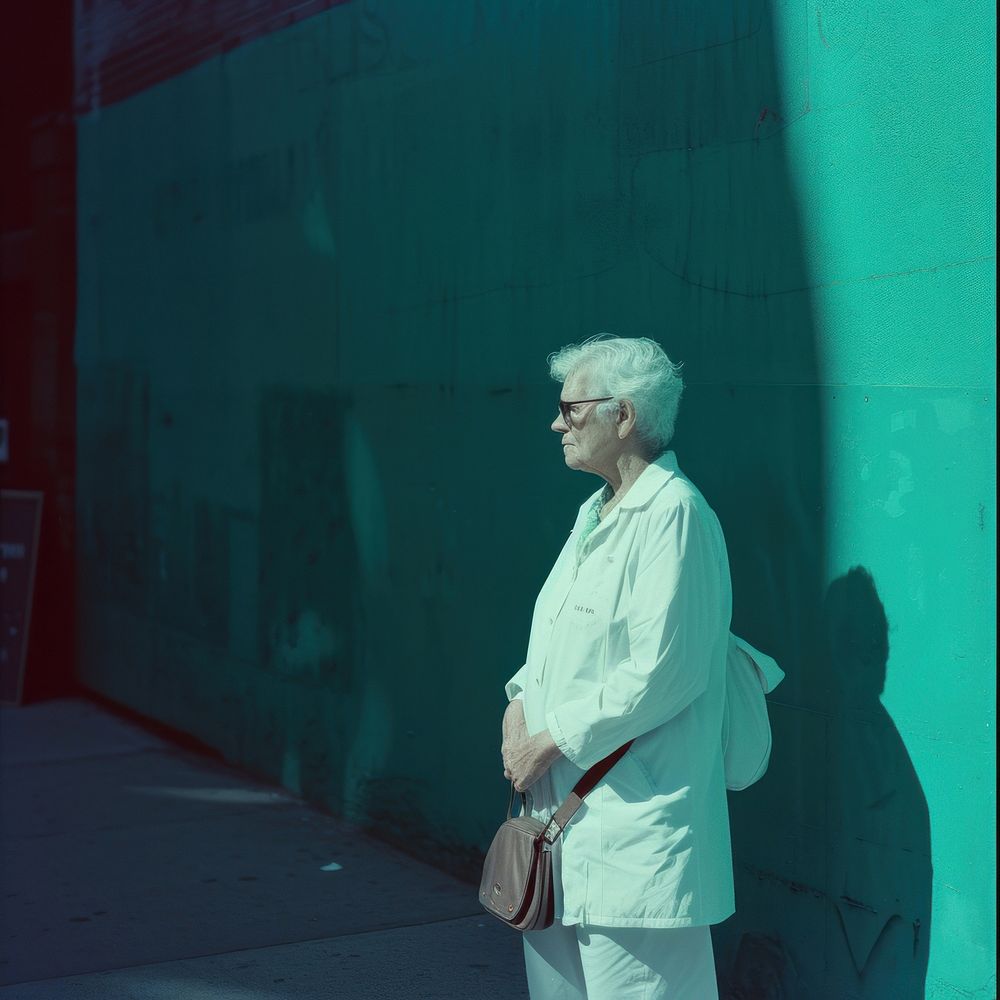 Old woman wearing white streetwear clothes adult architecture accessories.
