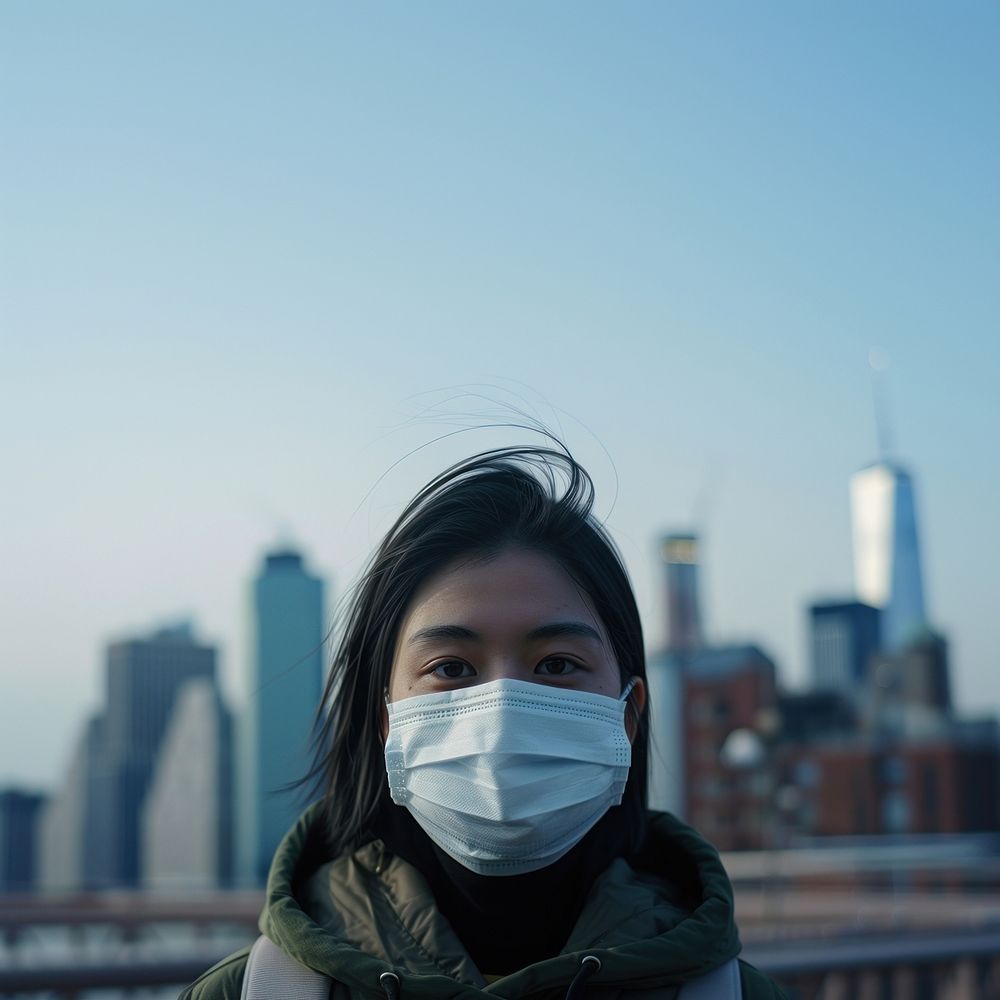 Woman wearing face mask portrait city photography.