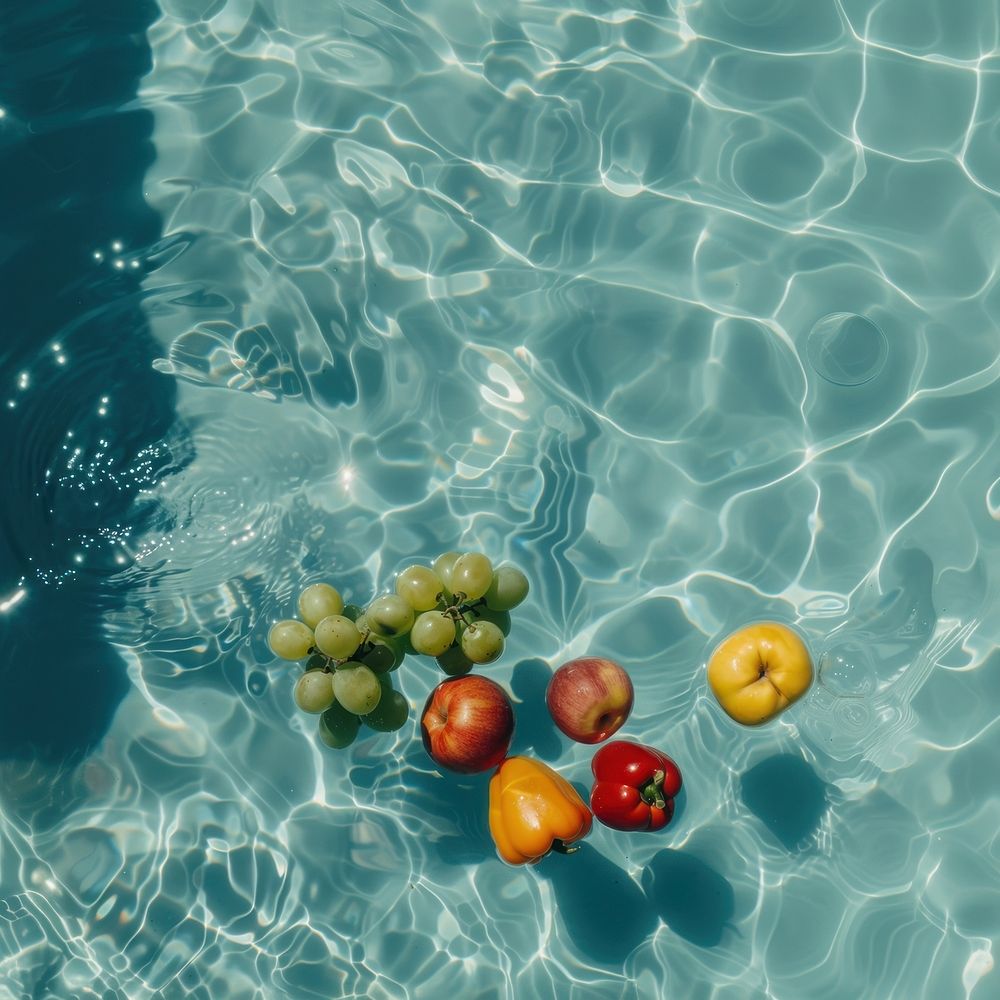 Vegetables and fruits swimming floating outdoors.