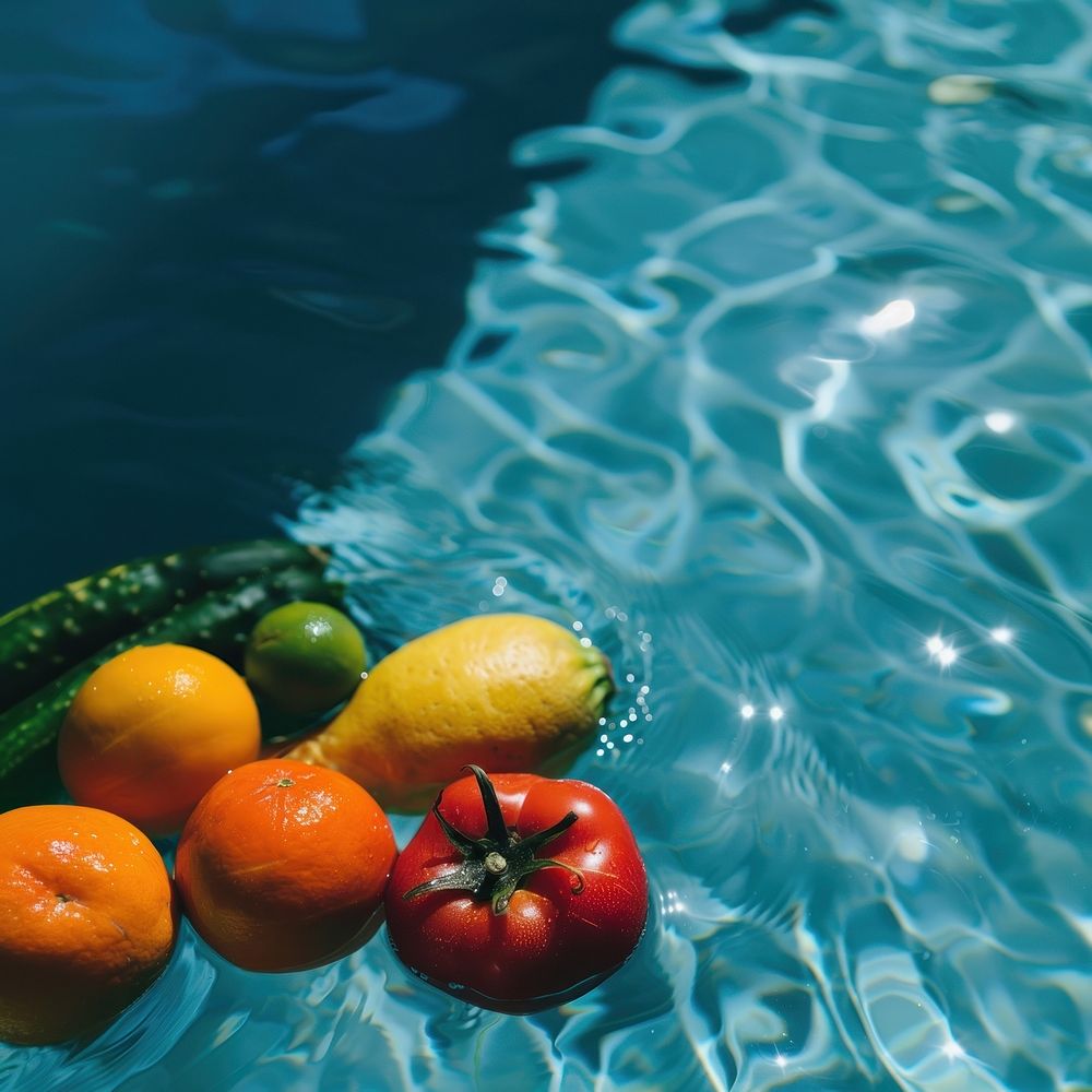 Vegetables and fruits swimming plant food.