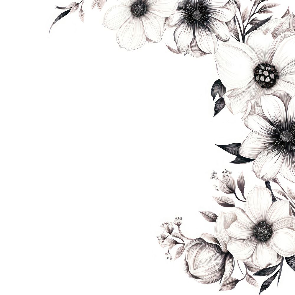 Black and white flowers border backgrounds pattern sketch.