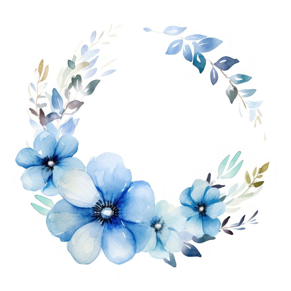 Blue border flower circle wreath white background inflorescence.