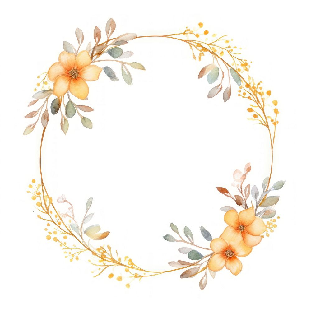 Gold border flower circle pattern wreath white background.