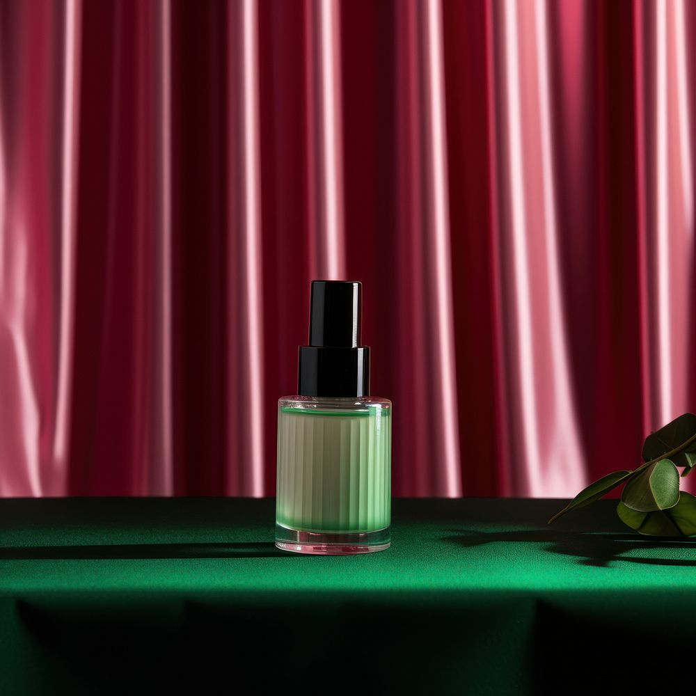 A serum bottle put on pink velvet podium backdrop cosmetics perfume curtain.