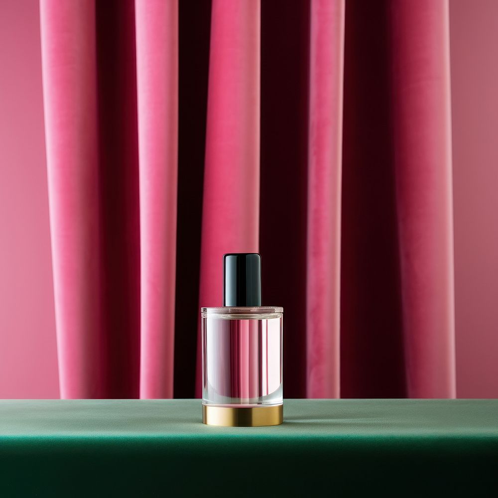A serum bottle put on pink velvet podium backdrop cosmetics curtain seasoning.