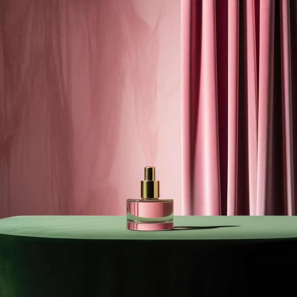A serum bottle put on pink velvet podium backdrop cosmetics perfume green.