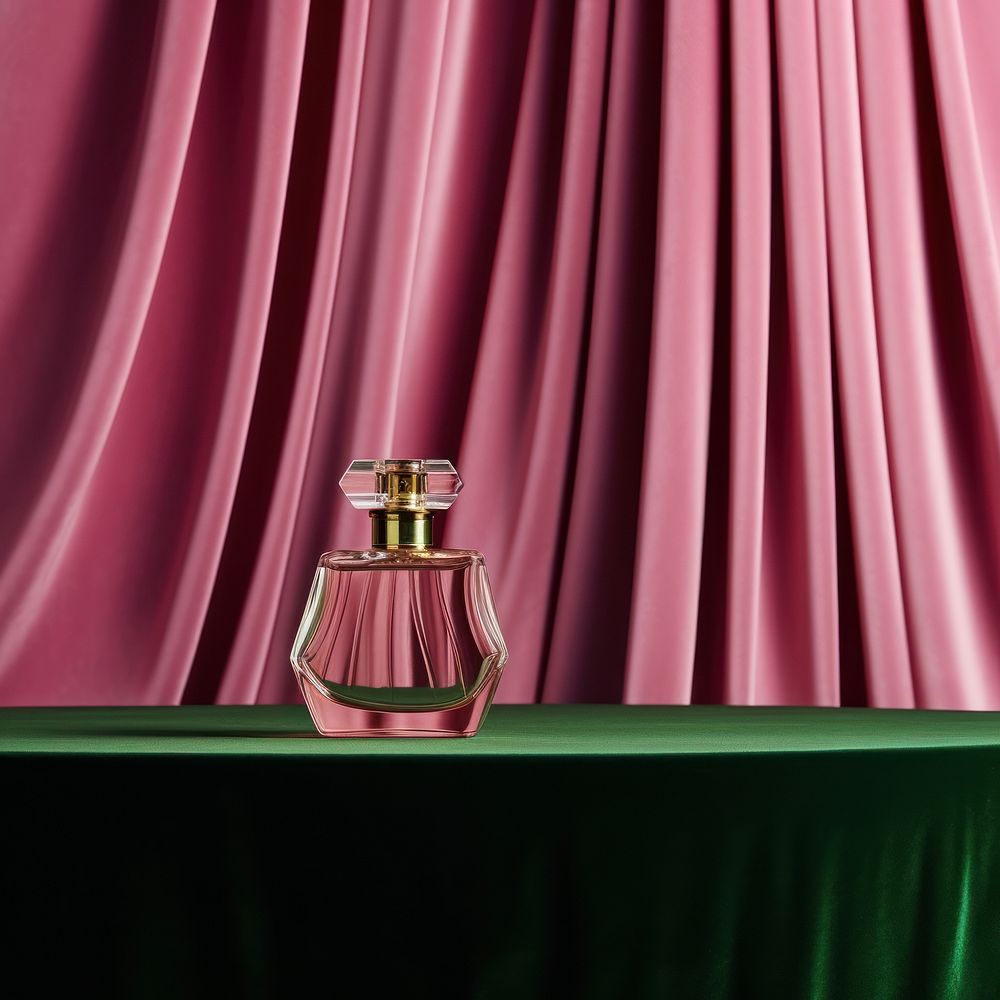 A perfume bottle put on pink velvet podium backdrop green container seasoning.
