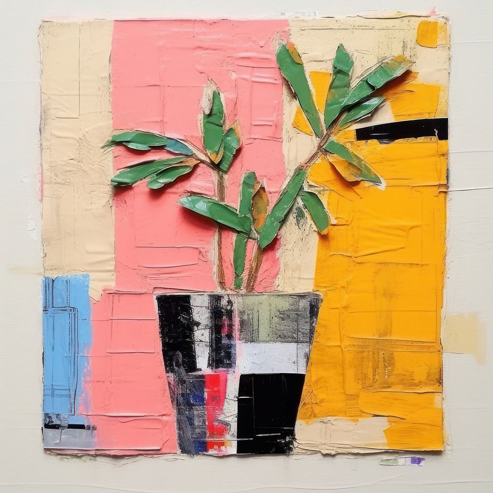 Potted plant collage art painting.