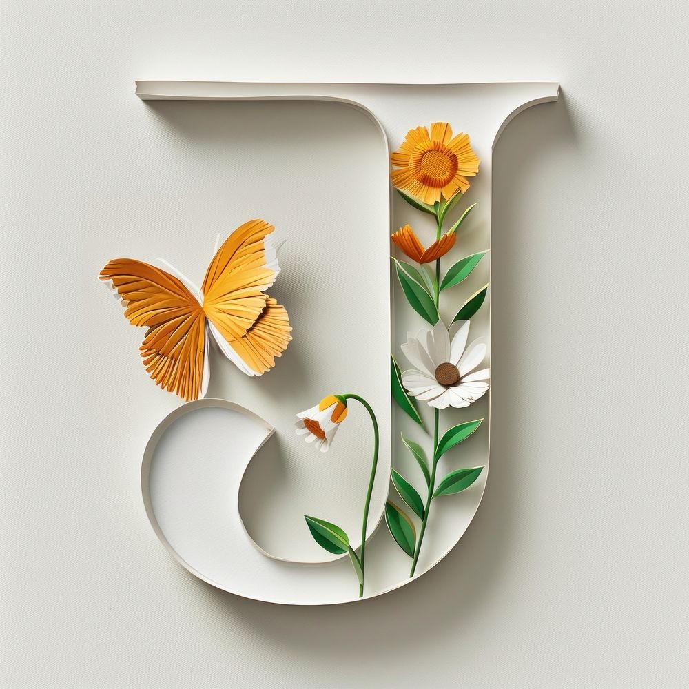 Letter J font butterfly flower art.