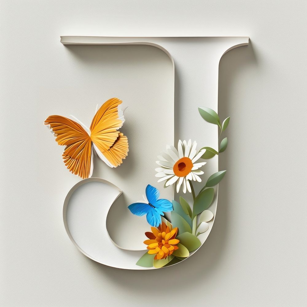 Letter J font flower butterfly plant.