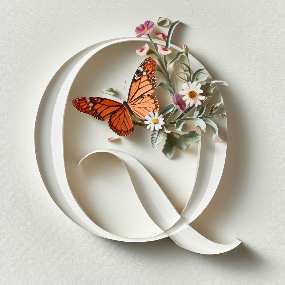 Letter Q font butterfly flower insect.