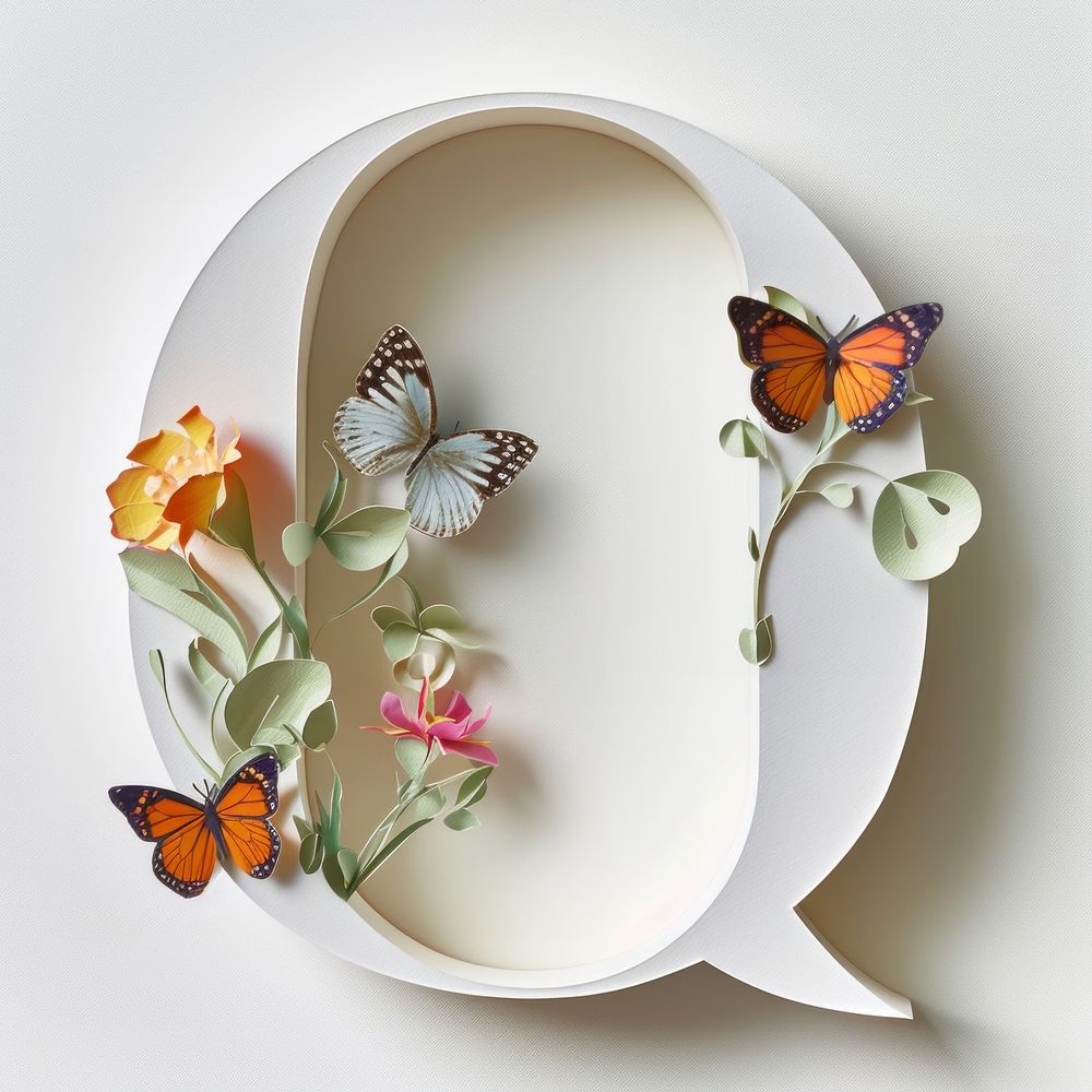 Letter Q font butterfly flower plant.
