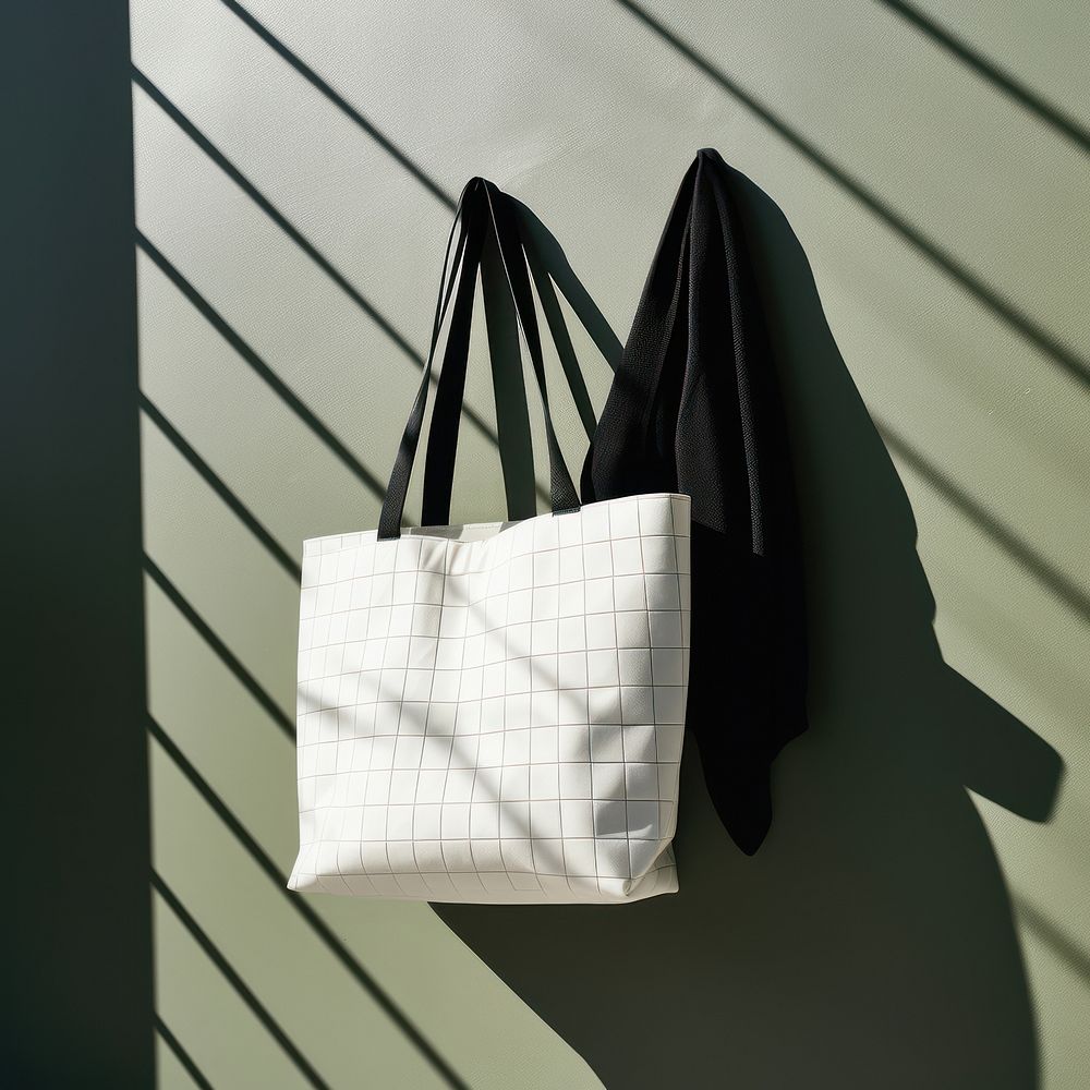 A white fabric tote bag is hanging on a black grid fence handbag wall architecture.
