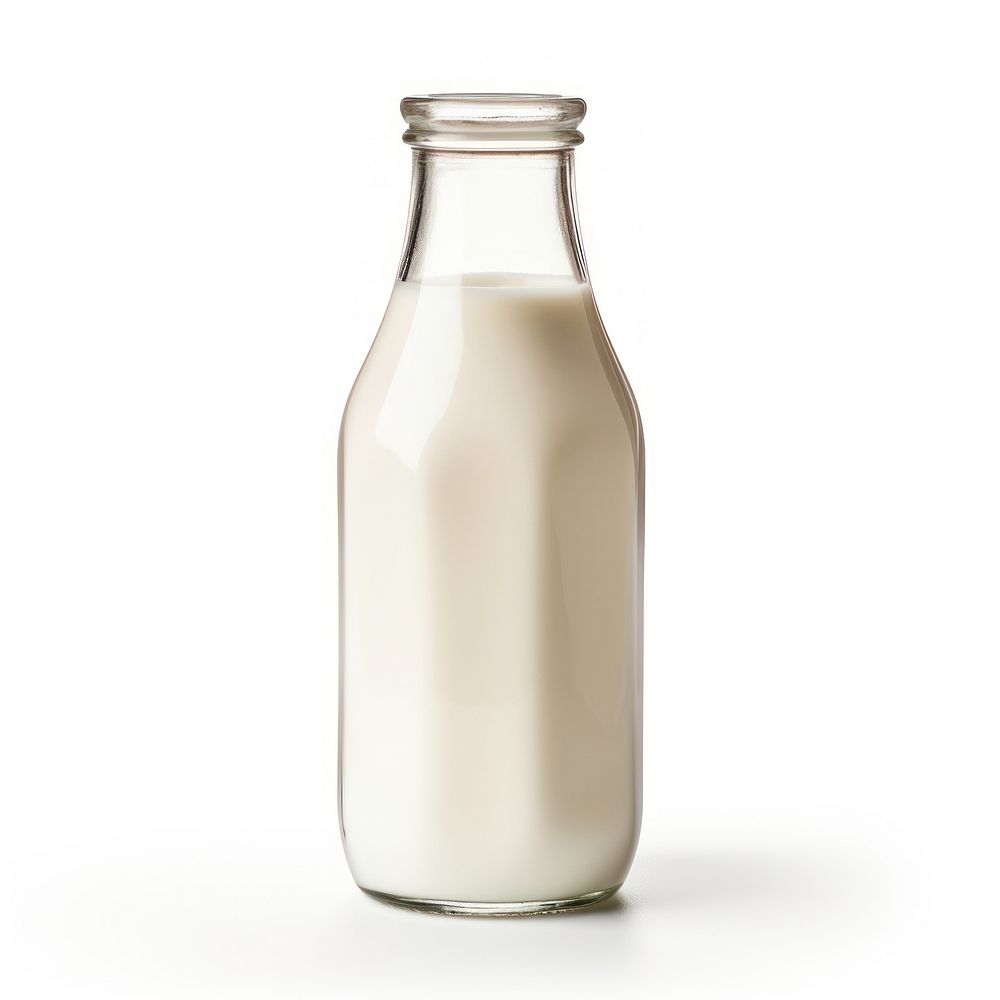 Photo of milk bottle dairy drink white background.