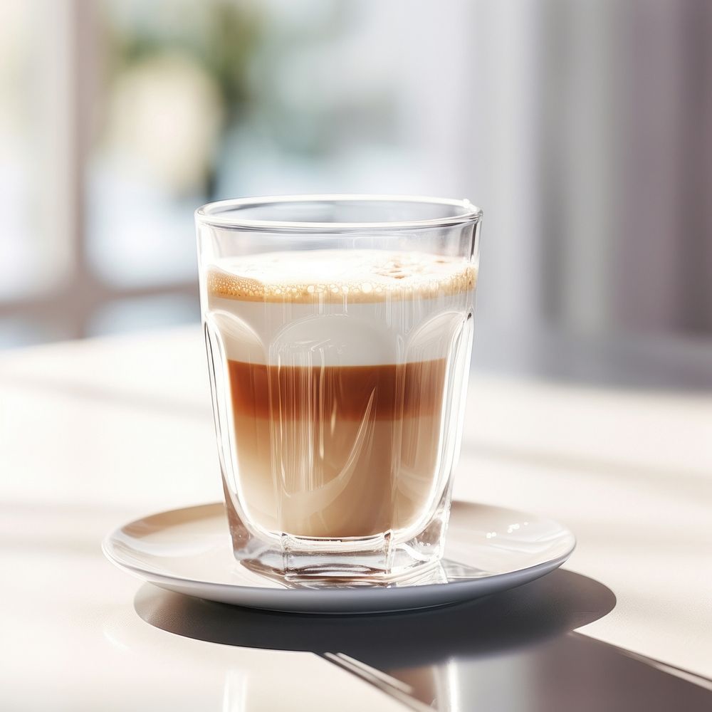Transparent glass cup ideal for cappuccino coffee saucer drink.