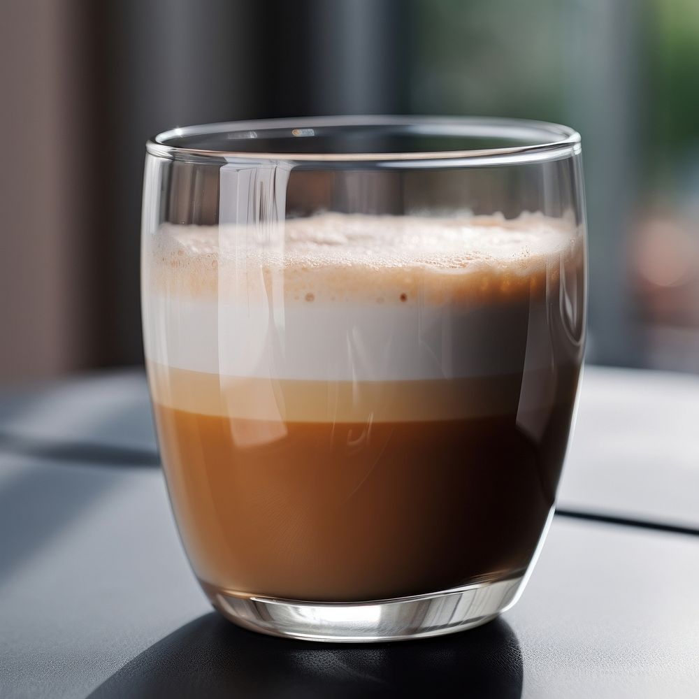 Transparent glass cup ideal for cappuccino coffee drink latte.
