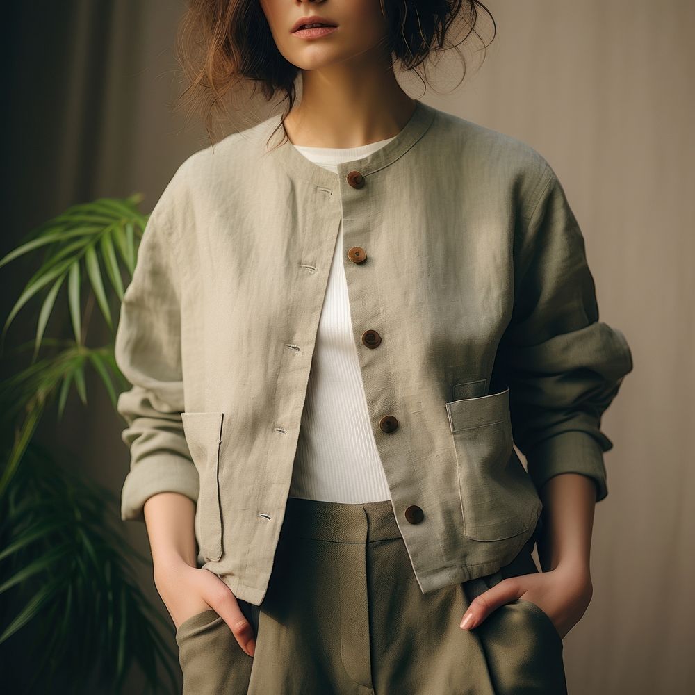 Jacket with a round neckline and long sleeves button jacket front view.
