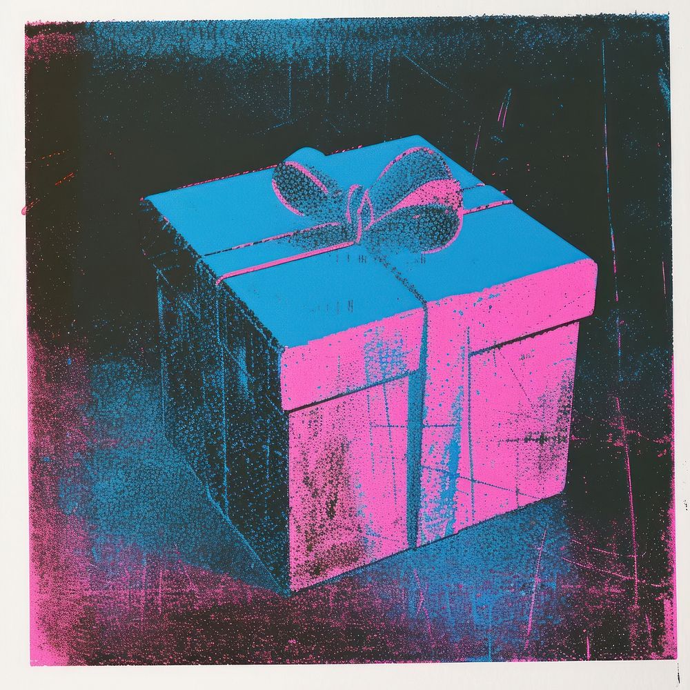 Silkscreen of a gift box purple pink blue.