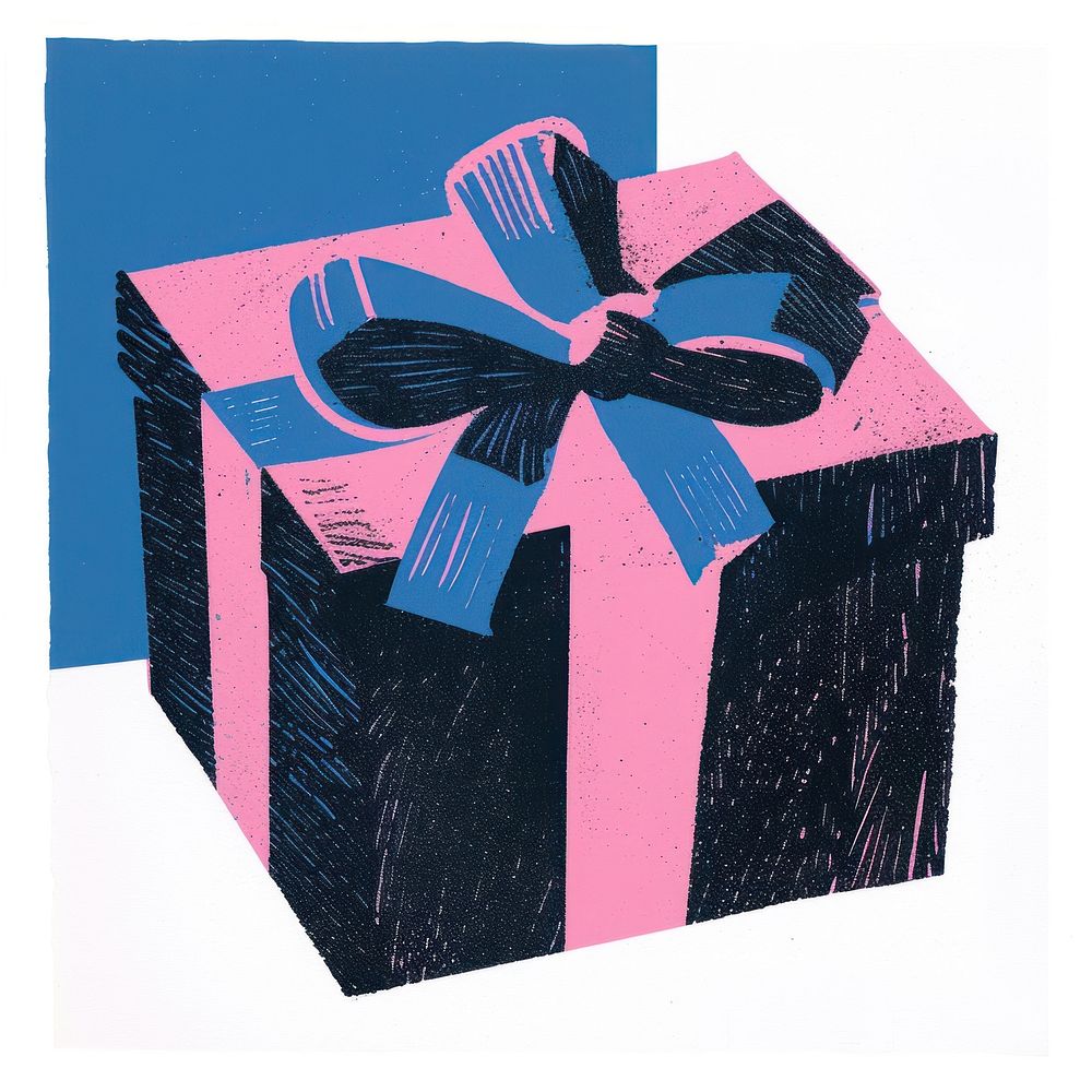 Silkscreen of a gift box pink blue art.