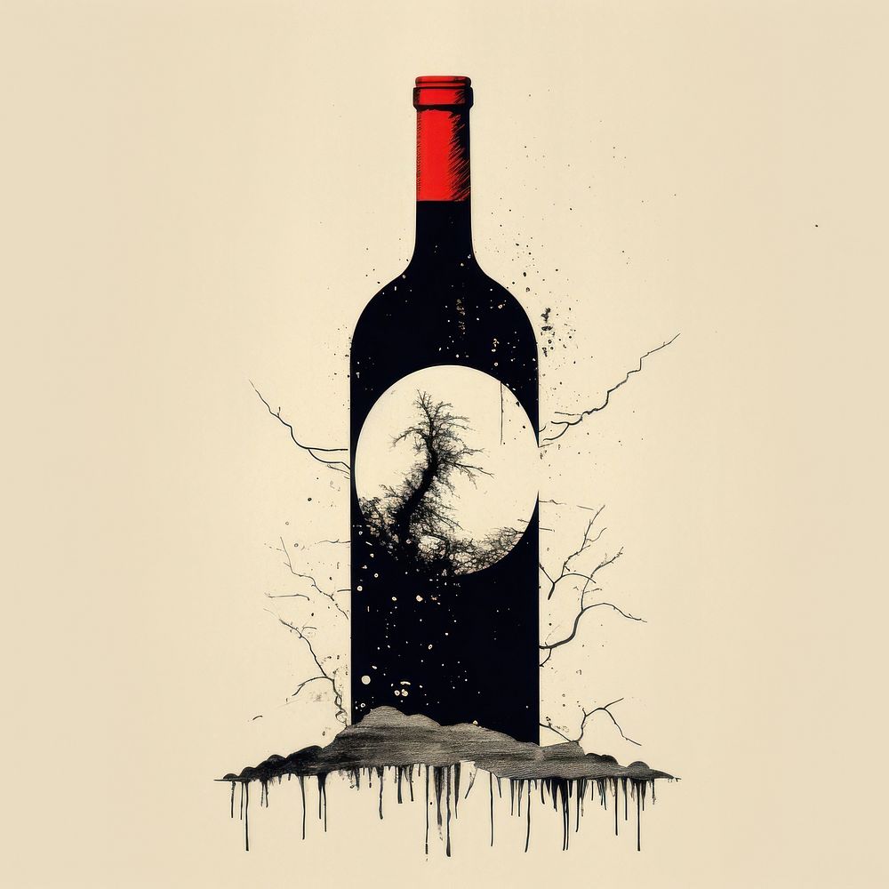 Silkscreen illustration of a Wine bottle wine drink wine bottle.