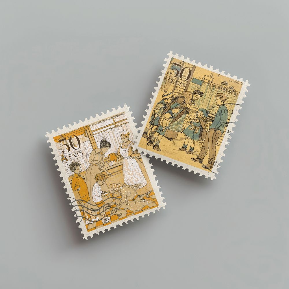 Postage stamps flat lay