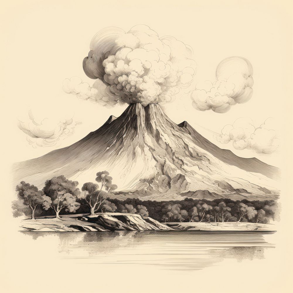 Vintage engraving style sketch volcano mountain outdoors.