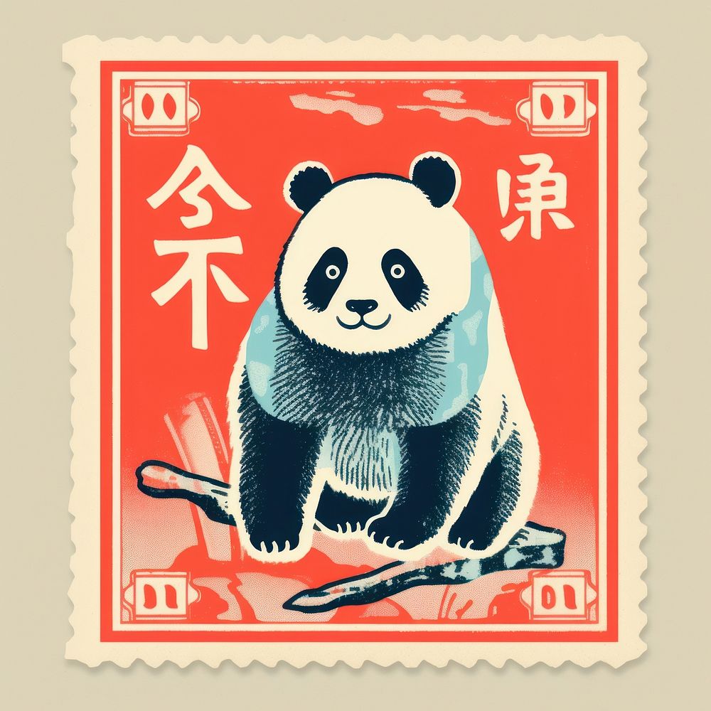 Chinese panda Risograph style animal mammal bear.