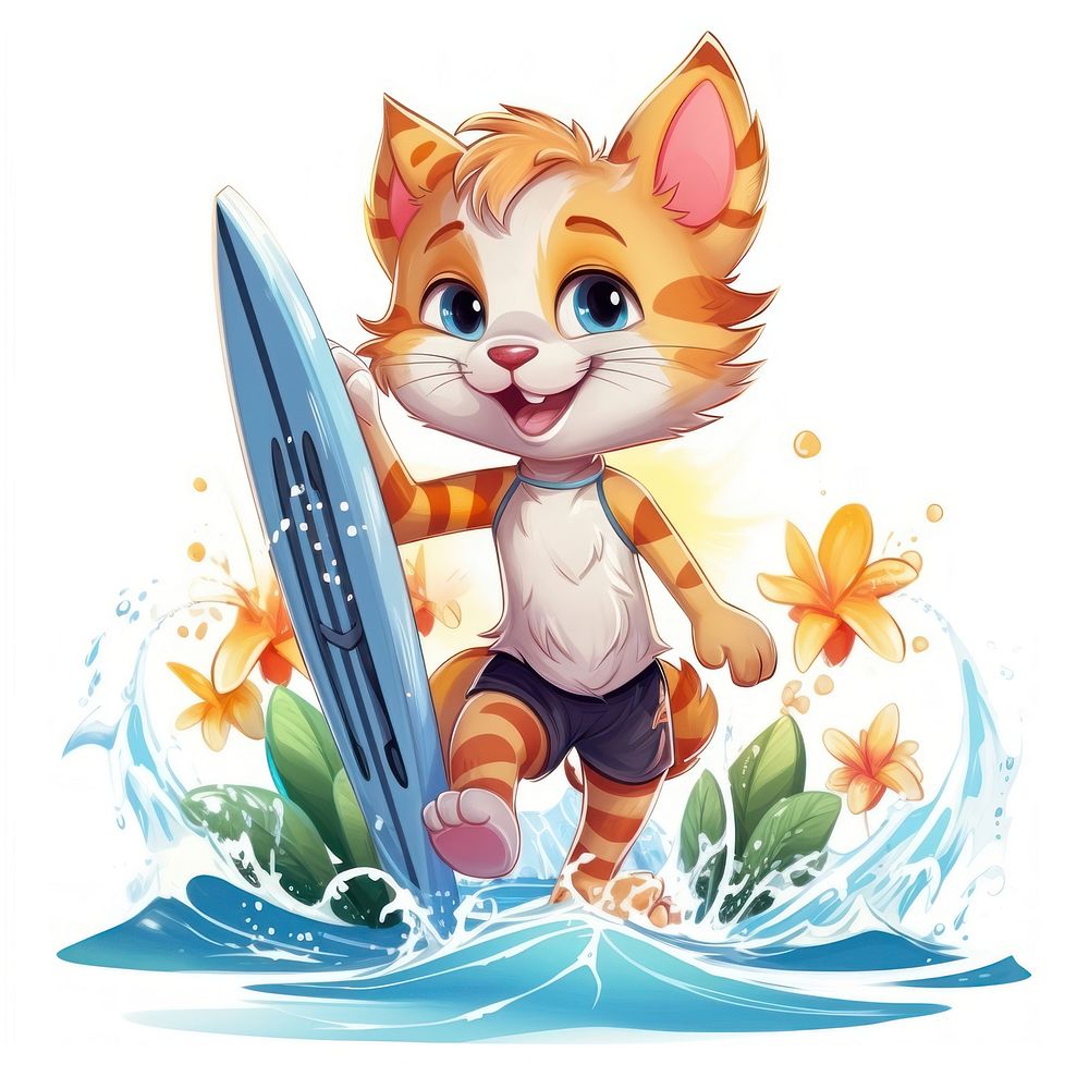 Cat character surfing summer cartoon comics cute.