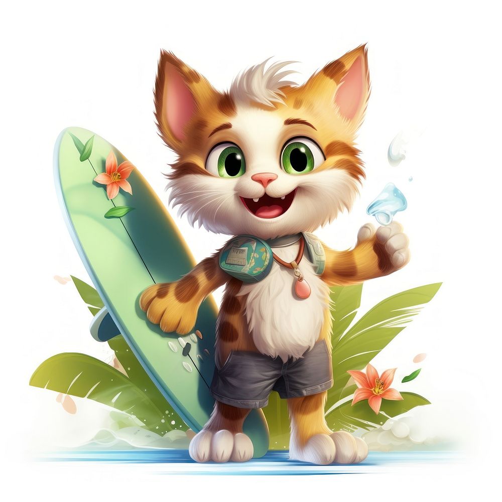 Cat character surfing summer cartoon mammal animal.