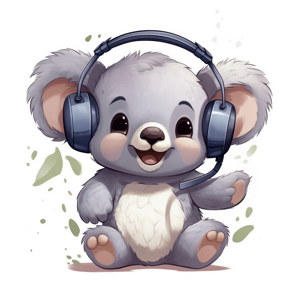 Koala character listen headphone headphones cartoon cute.
