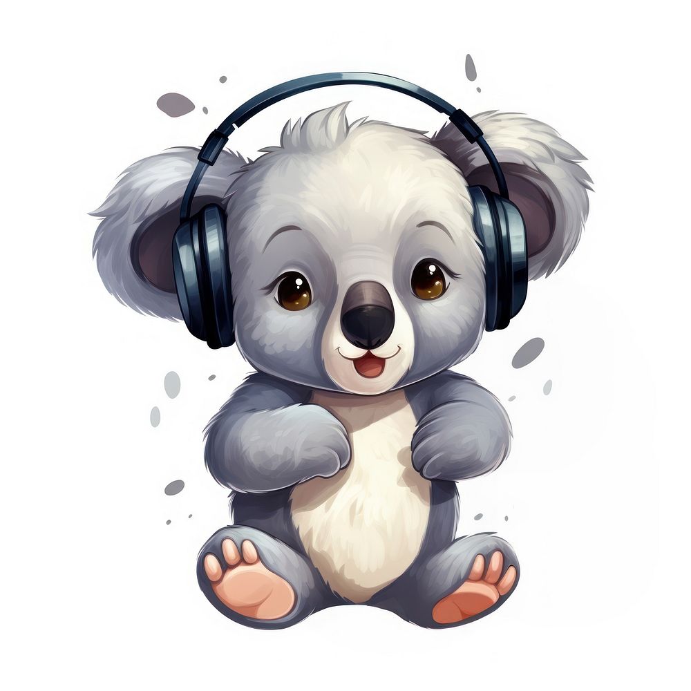 Koala character listen headphone headphones drawing cartoon.