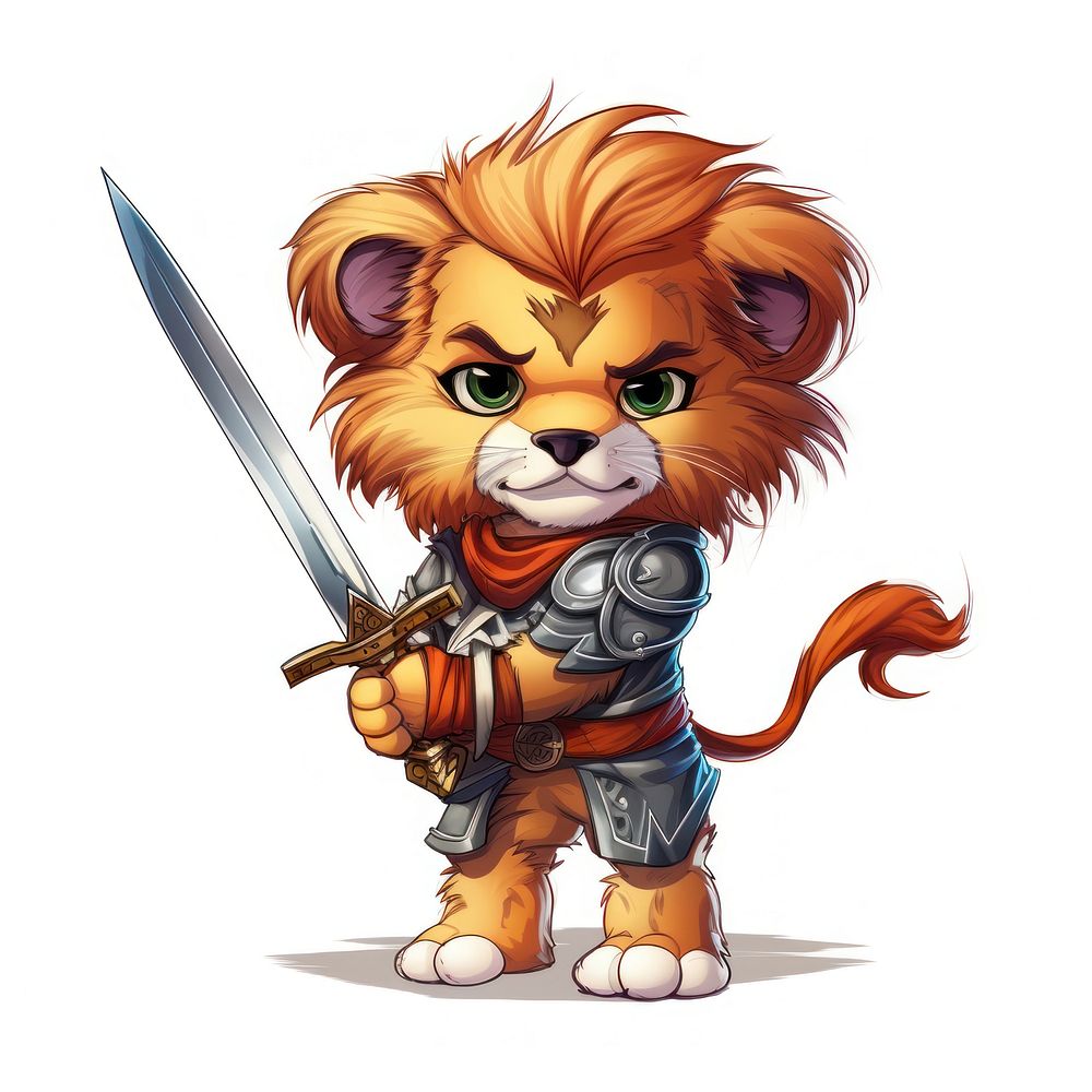 Lion character hold sword cartoon comics cute.