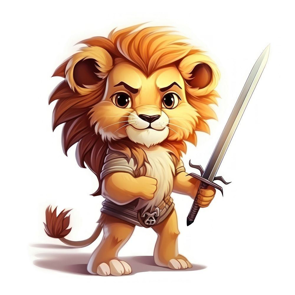 Lion character hold sword cartoon mammal animal.